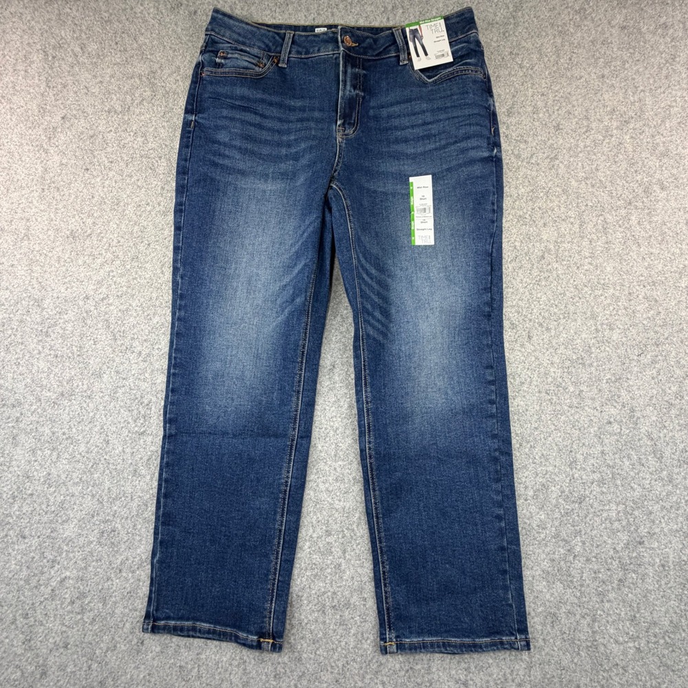Time and Tru Womens Mid-Rise Straight Leg Jeans Size 16 Short Medium Wash Blue